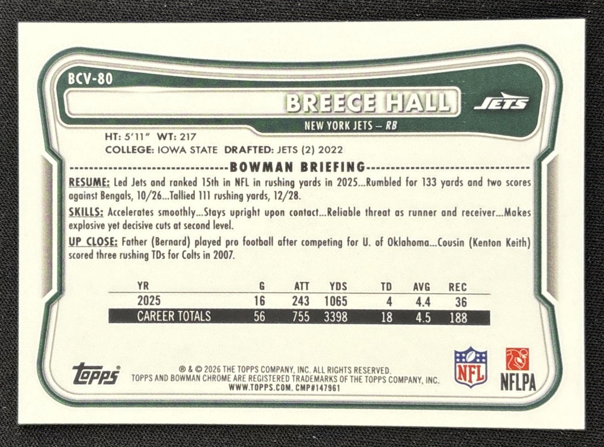 Breece Hall 2026 Bowman Chrome NFL Pink Refractor /250 Jets