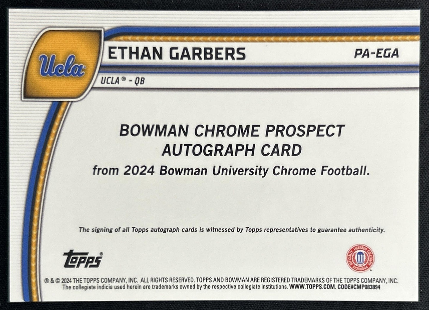 Ethan Garbers 2024 Bowman Chrome University Prospect Auto back
