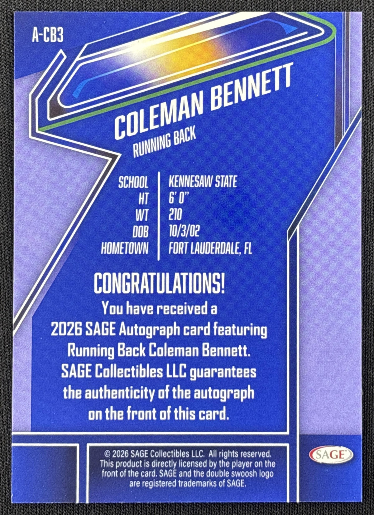 Coleman Bennett 2026 SAGE Auto