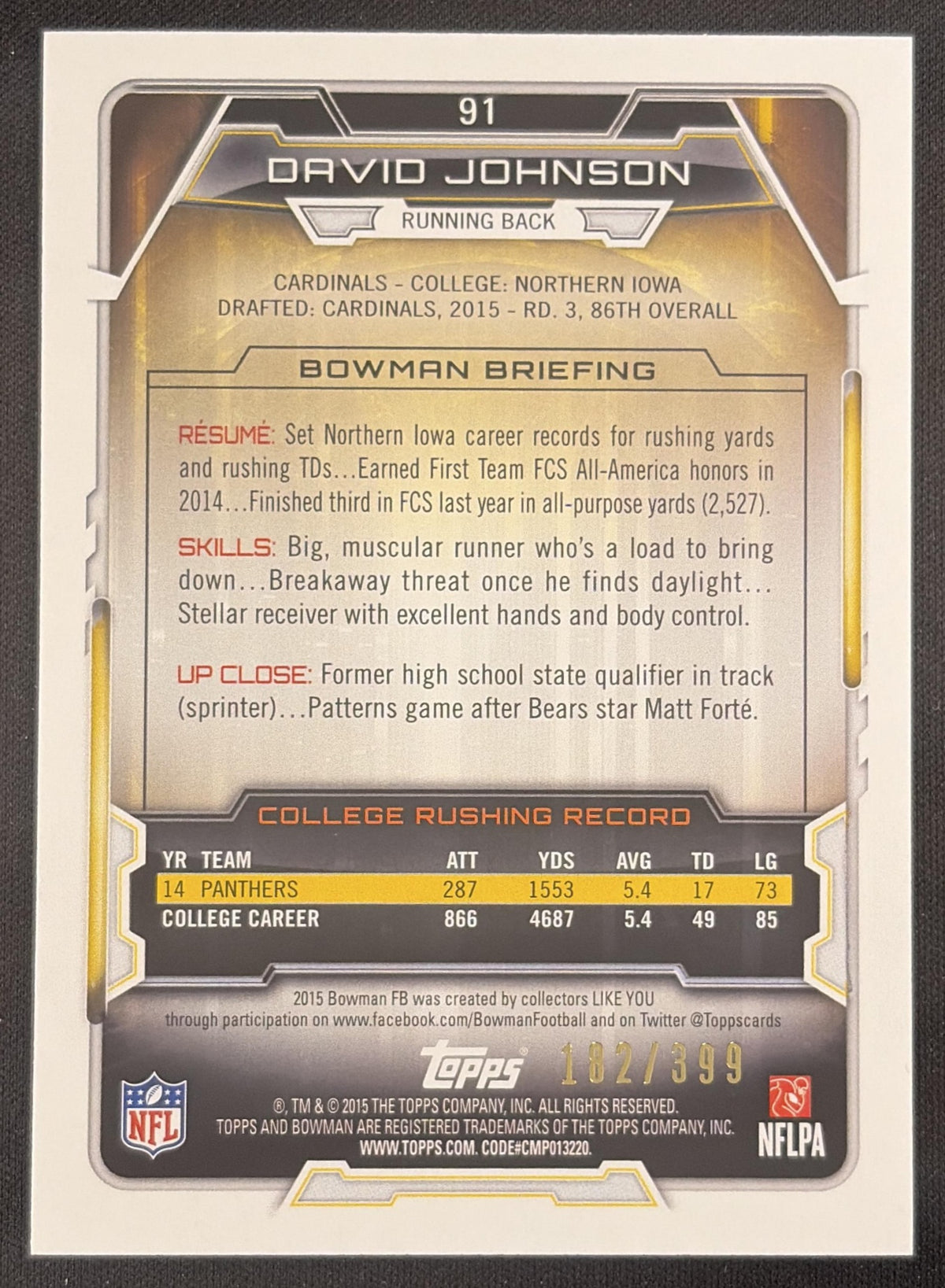 David Johnson 2015 Bowman Rookies Rainbow Gold /399 Cardinals Sports Trading Card