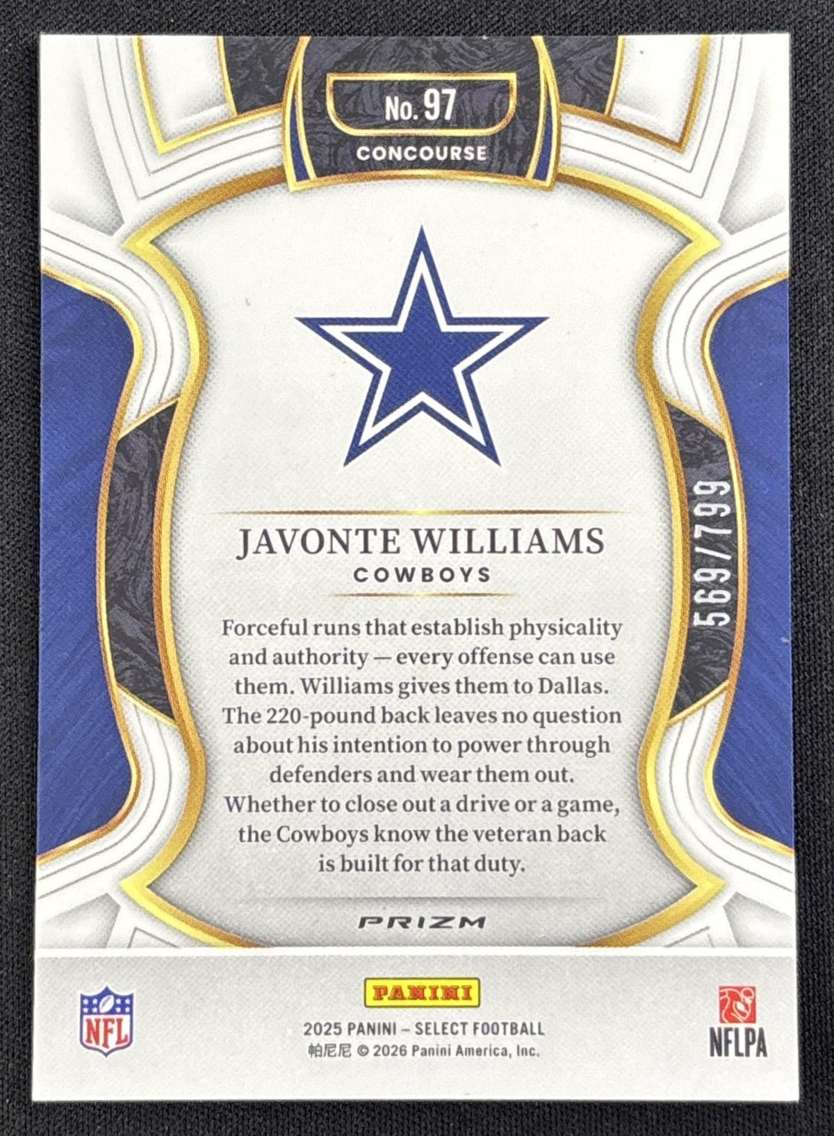 Javonte Williams 2025 Panini Select Concourse White Prizm Shock /799 Cowboys