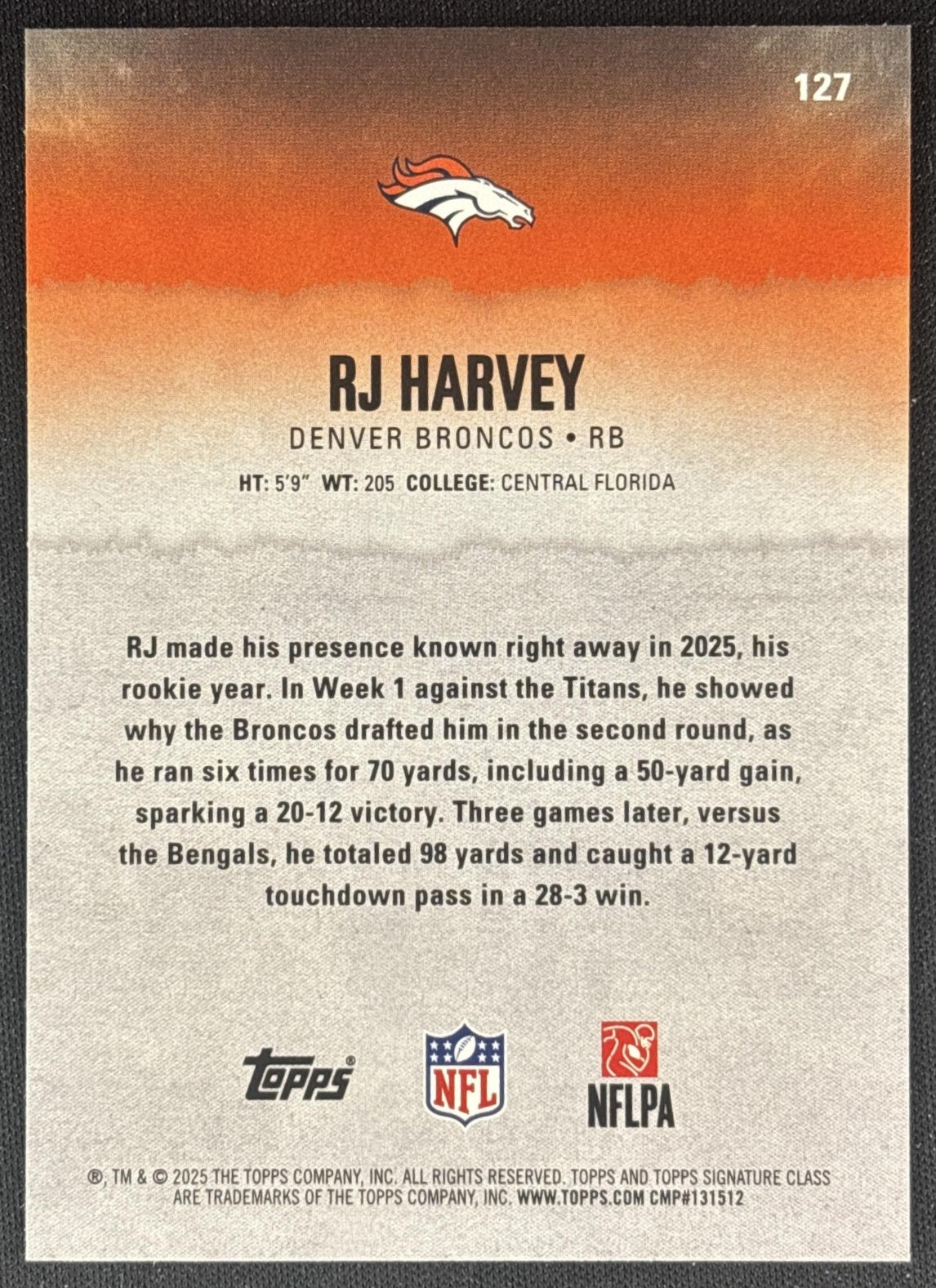 RJ Harvey 2025 Topps Signature Class Rookie Green & Purple Foil Broncos back