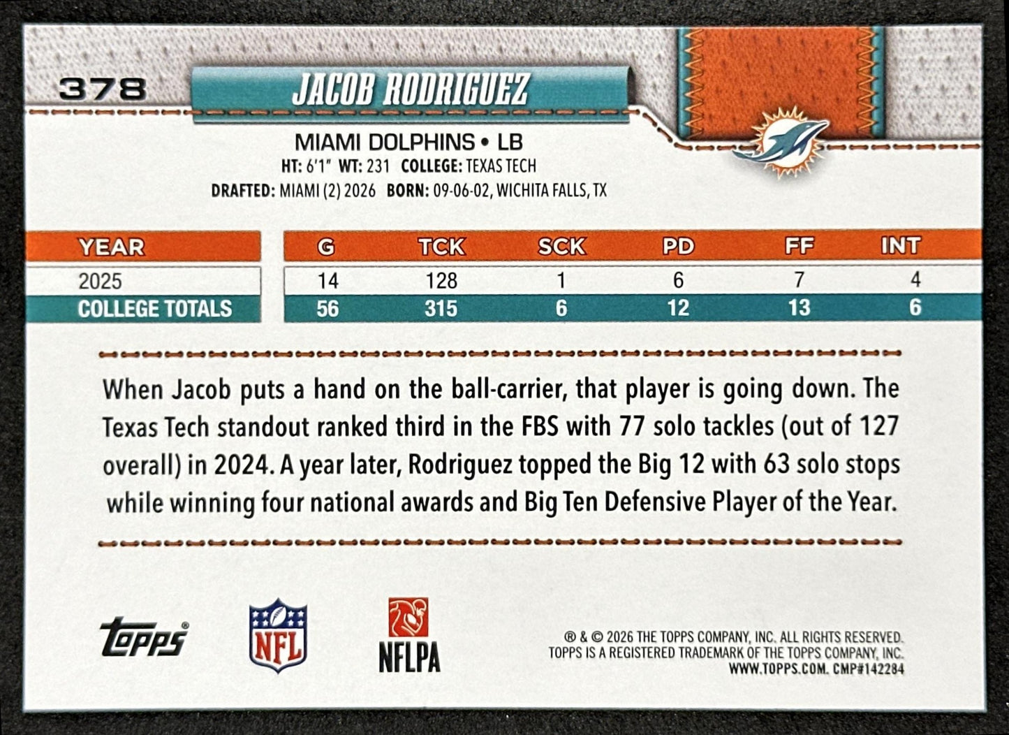 Jacob Rodriguez 2026 Topps Flagship Rookie Dolphins Sports Trading Cards