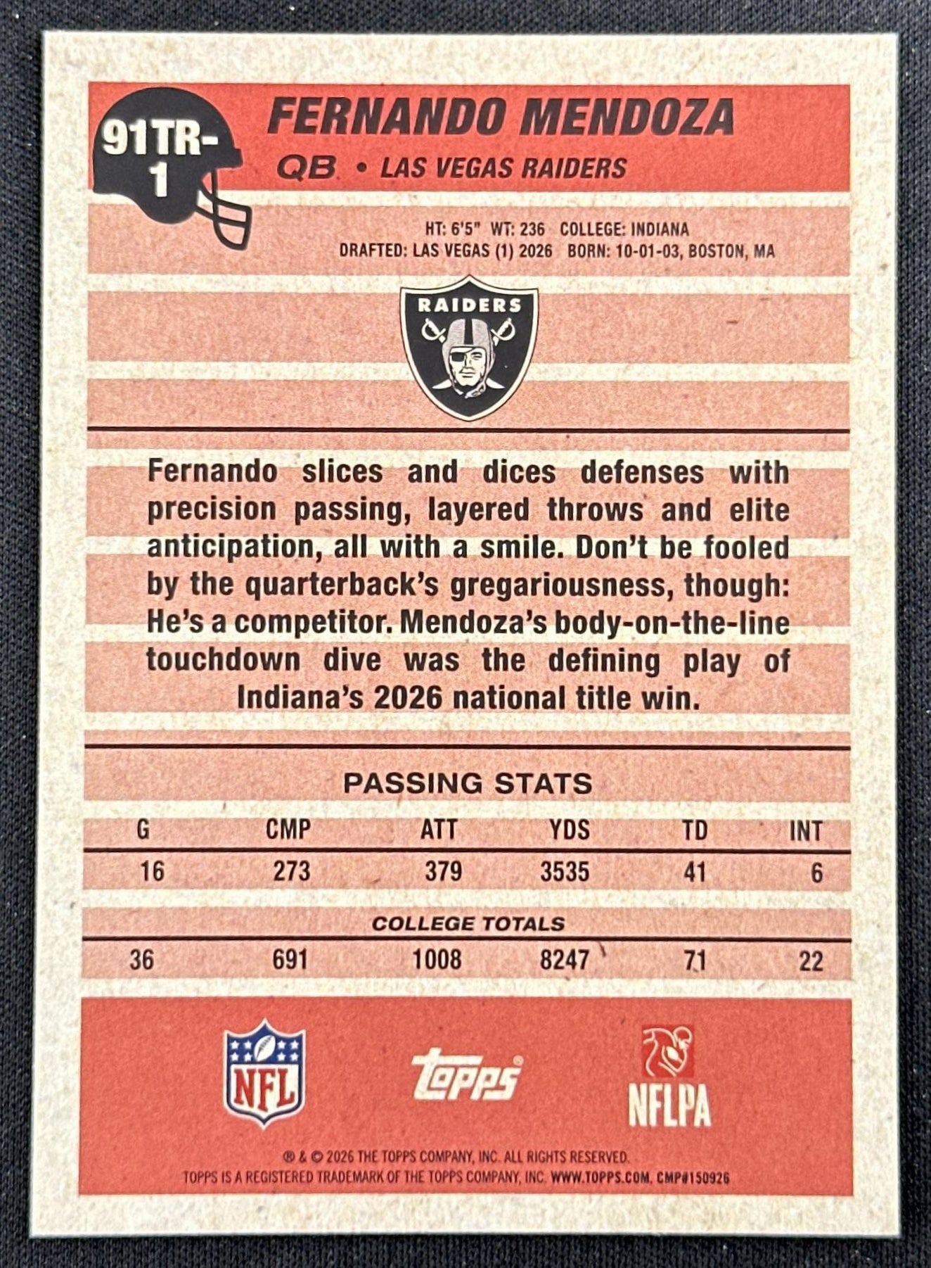 Fernando Mendoza 2026 Topps Flagship 1991 Rookie Raiders
