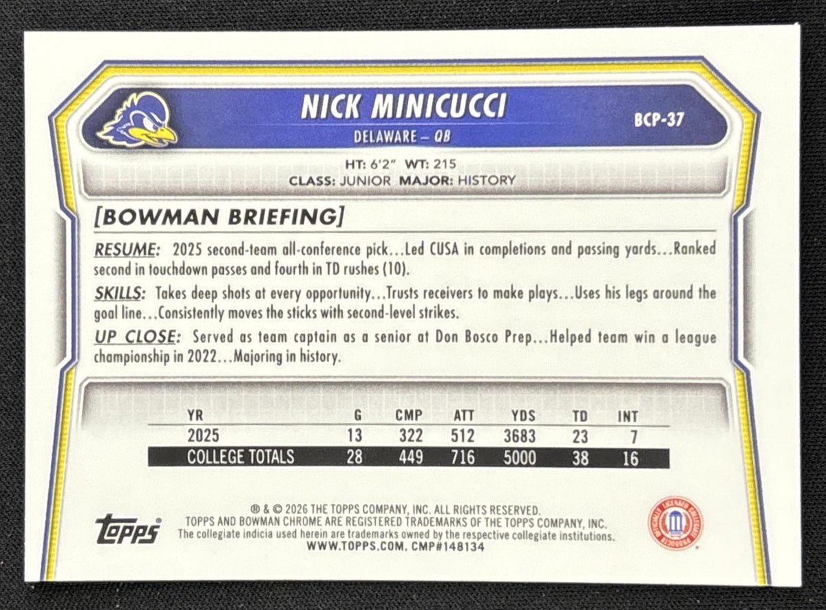 Nick Minicucci 2026 Bowman Chrome Prospects Mojo Refractor Fightin' Blue Hens