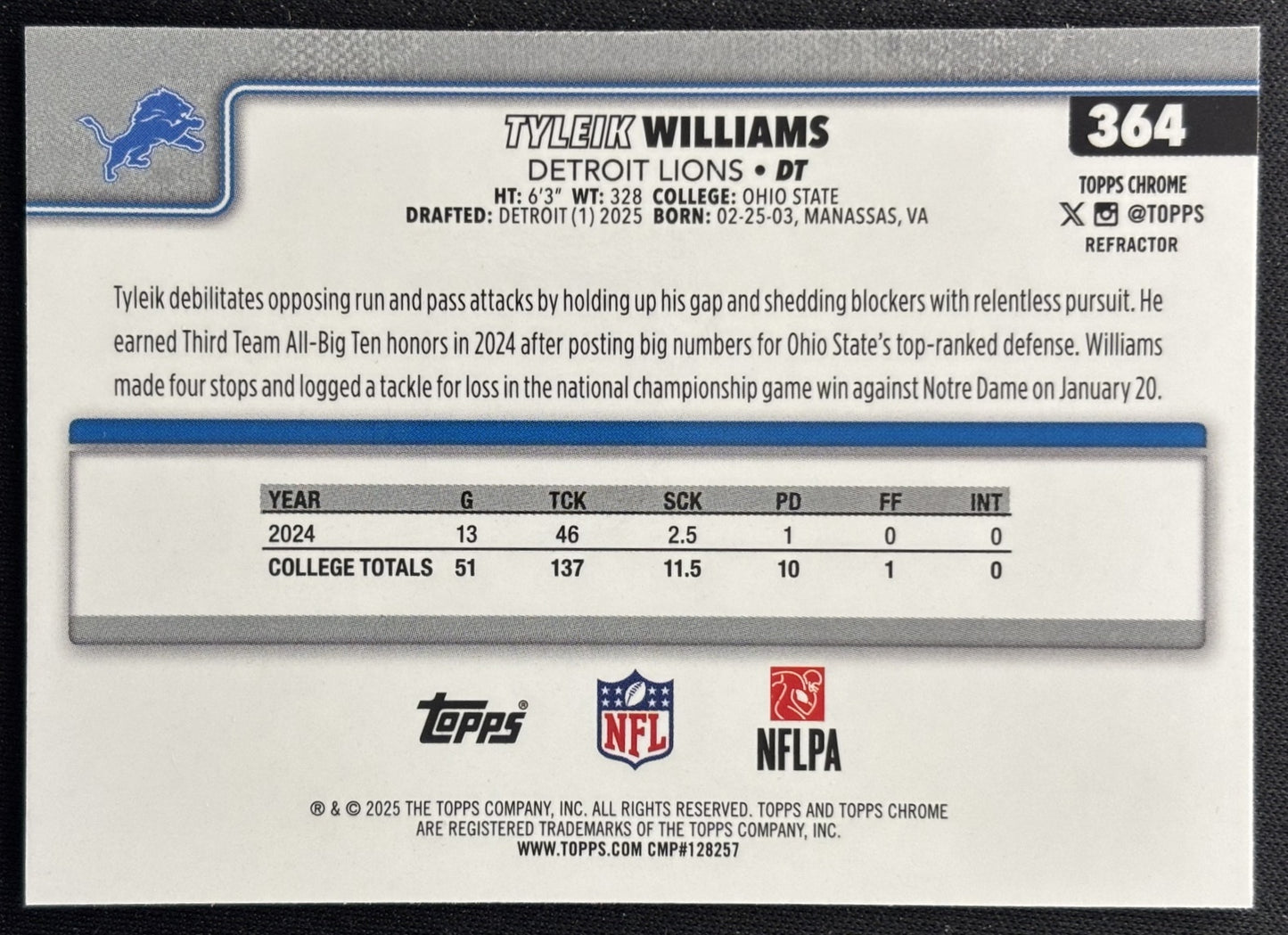 Tyleik Williams 2025 Topps Chrome Rookie Refractor Lions Sports Trading Cards