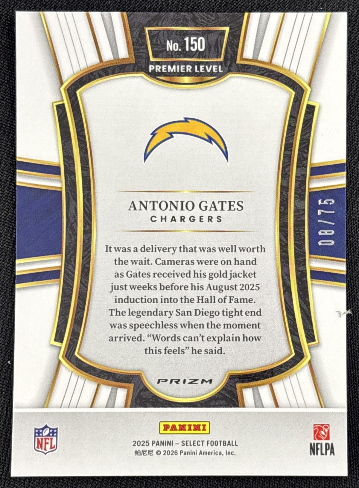 Antonio Gates 2025 Panini Select Premier Level Purple Prizm /75 Chargers