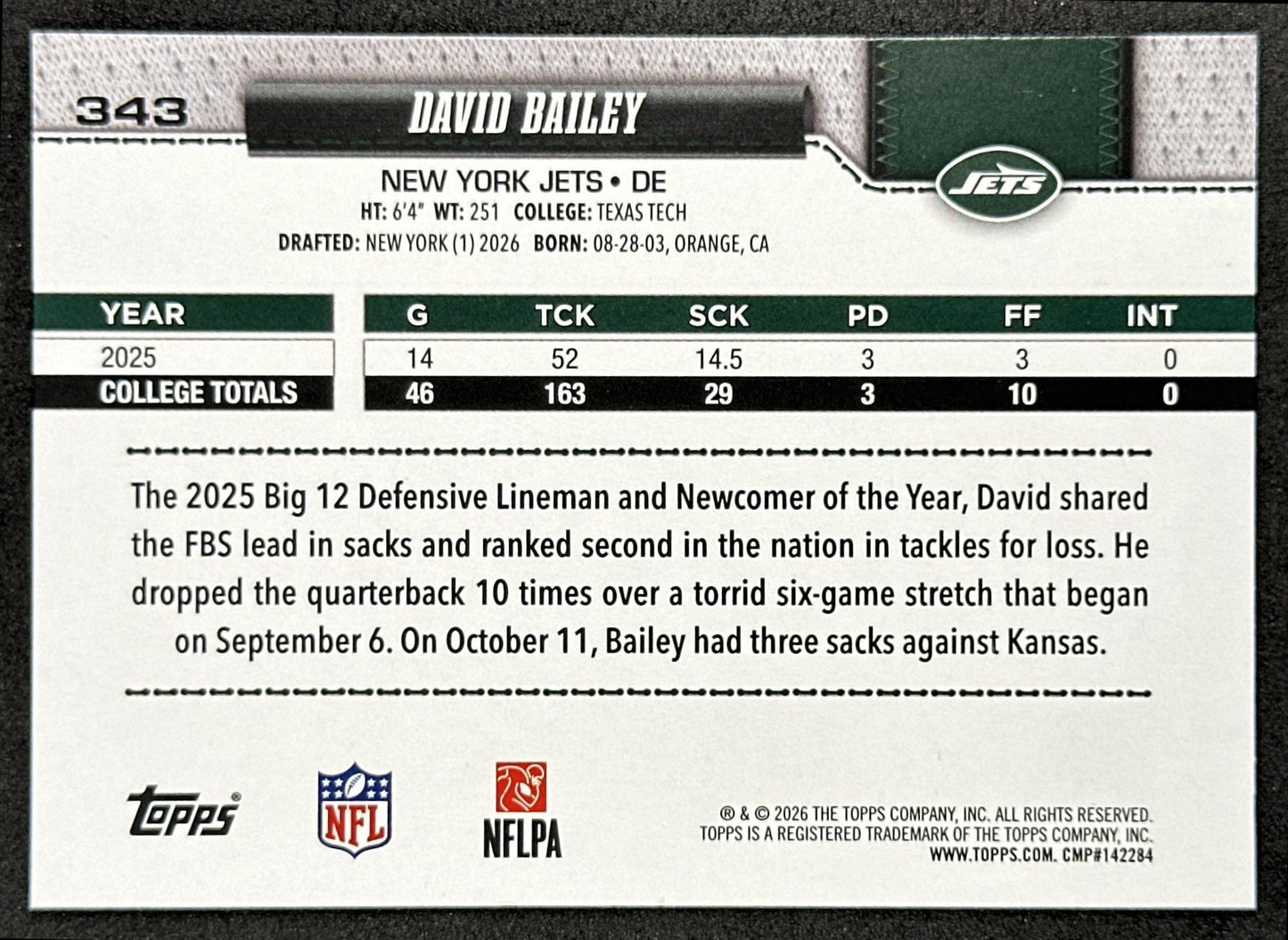 David Bailey 2026 Topps Flagship Rookie Jets Sports Trading Card