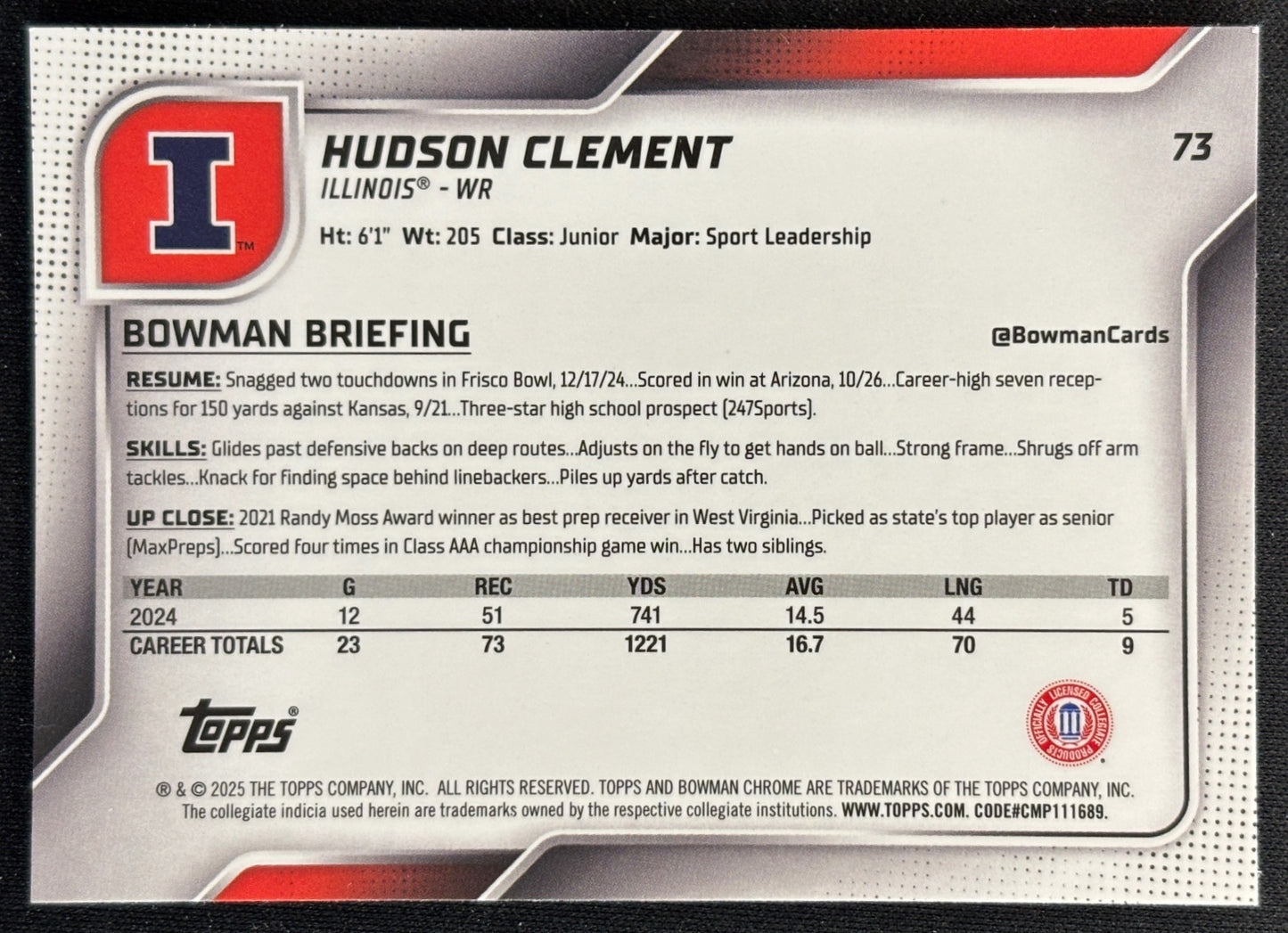 Hudson Clement 2025 Chrome University Prospects Purple Shimmer Refractor /75 Fighting Illini - Back | Wayne Collection