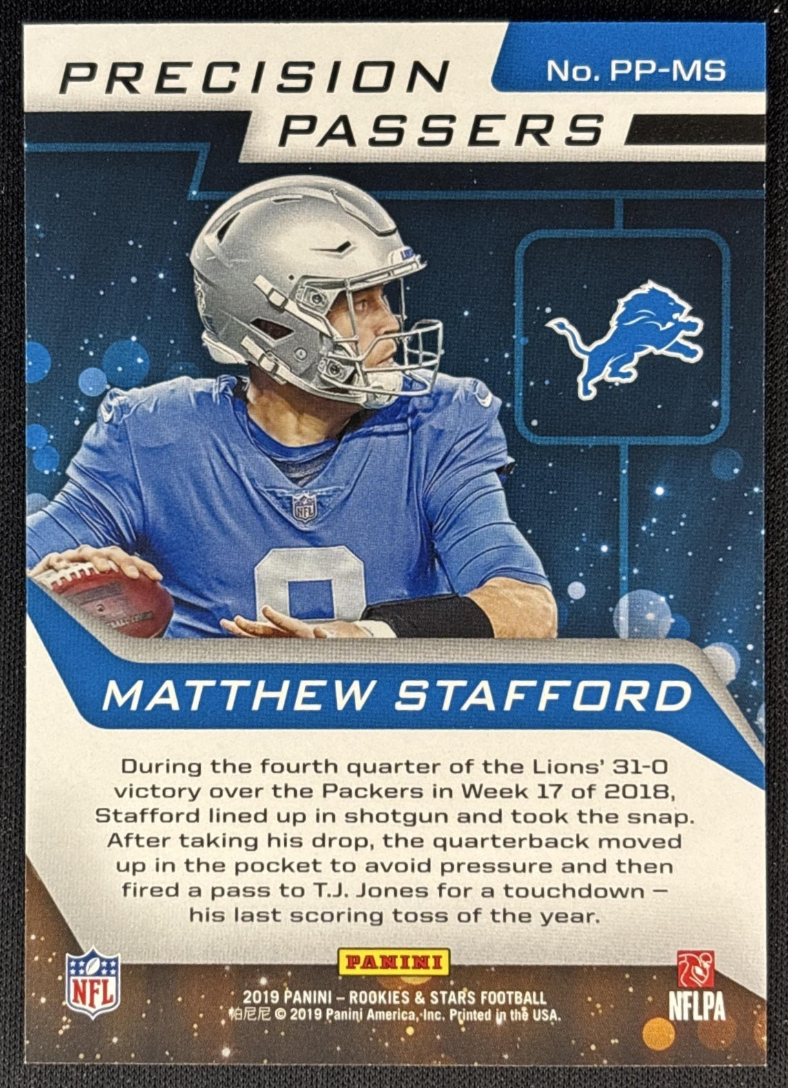 Matthew Stafford 2019 Panini Rookies & Stars Precision Passers Orange /99 Lions back