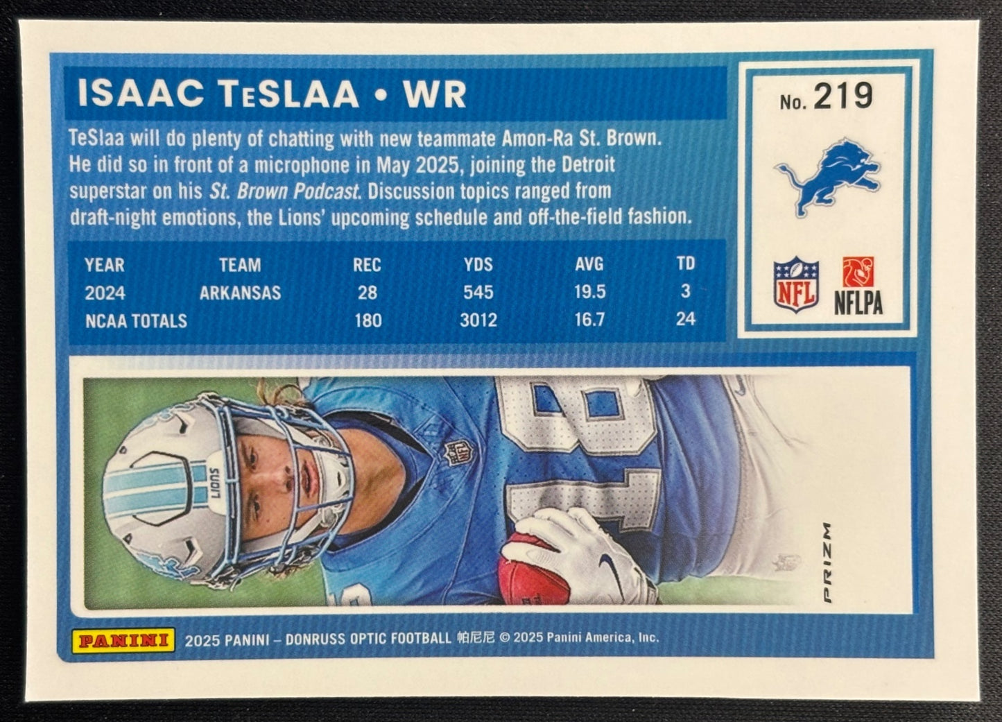 Isaac TeSlaa 2025 Donruss Optic Rated Rookie Purple Shock Prizm Lions Sports Trading Cards