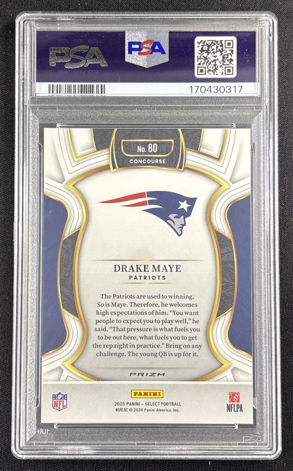 Drake Maye 2025 Panini Select Concourse Zebra Prizm Shock PSA 10 Patriots Sports Trading Card