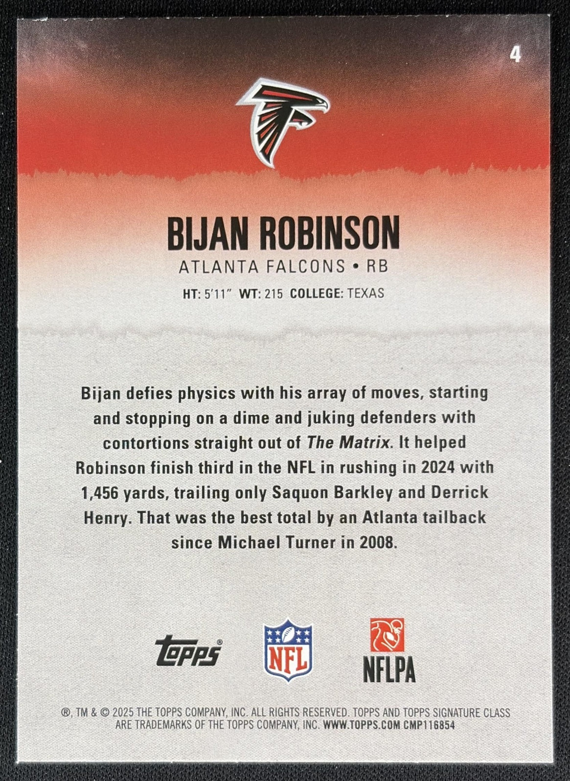 Bijan Robinson 2025 Topps Signature Class Veteran Blue & Yellow Foil Falcons back