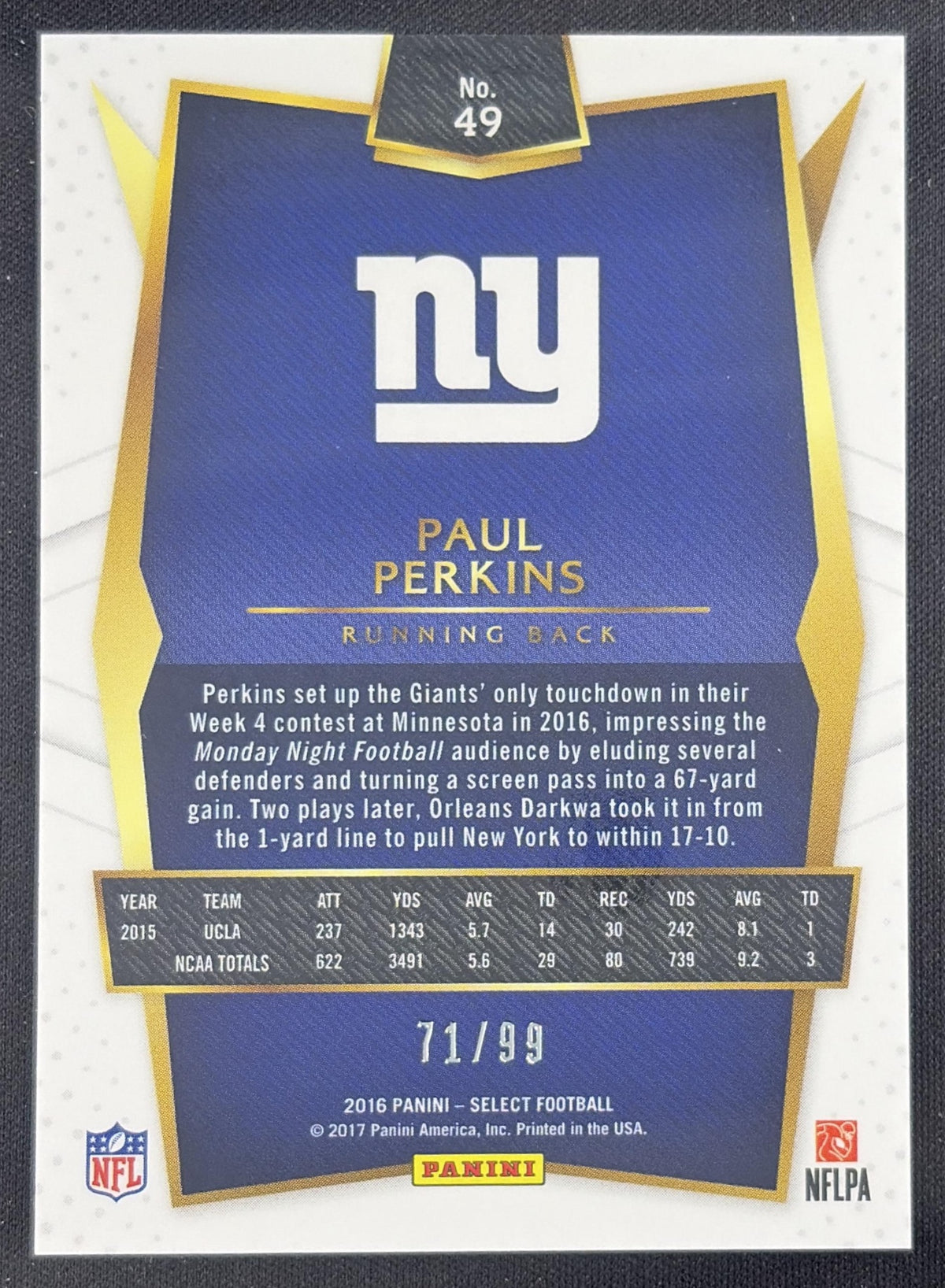 Paul Perkins 2016 Panini Select Red Prizm /99 Giants New York Giants Sports Trading Card