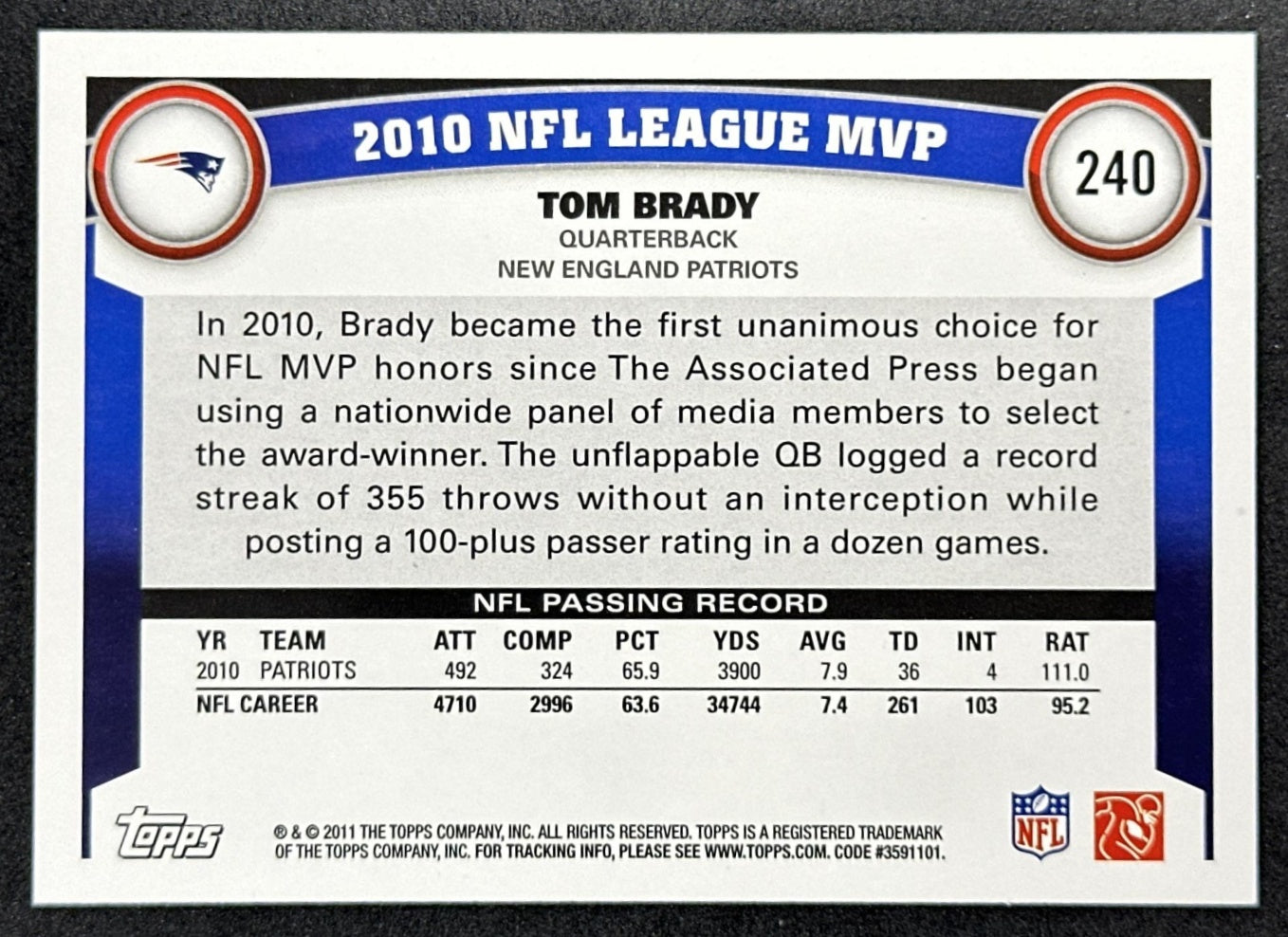 Tom Brady 2011 Topps Snow Game League MVP Patriots Back