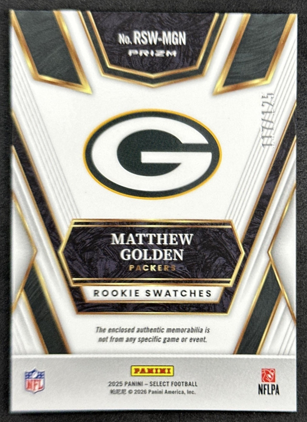 Matthew Golden 2025 Panini Select Rookie Swatches Silver Prizm /125 Packers Sports Trading Cards