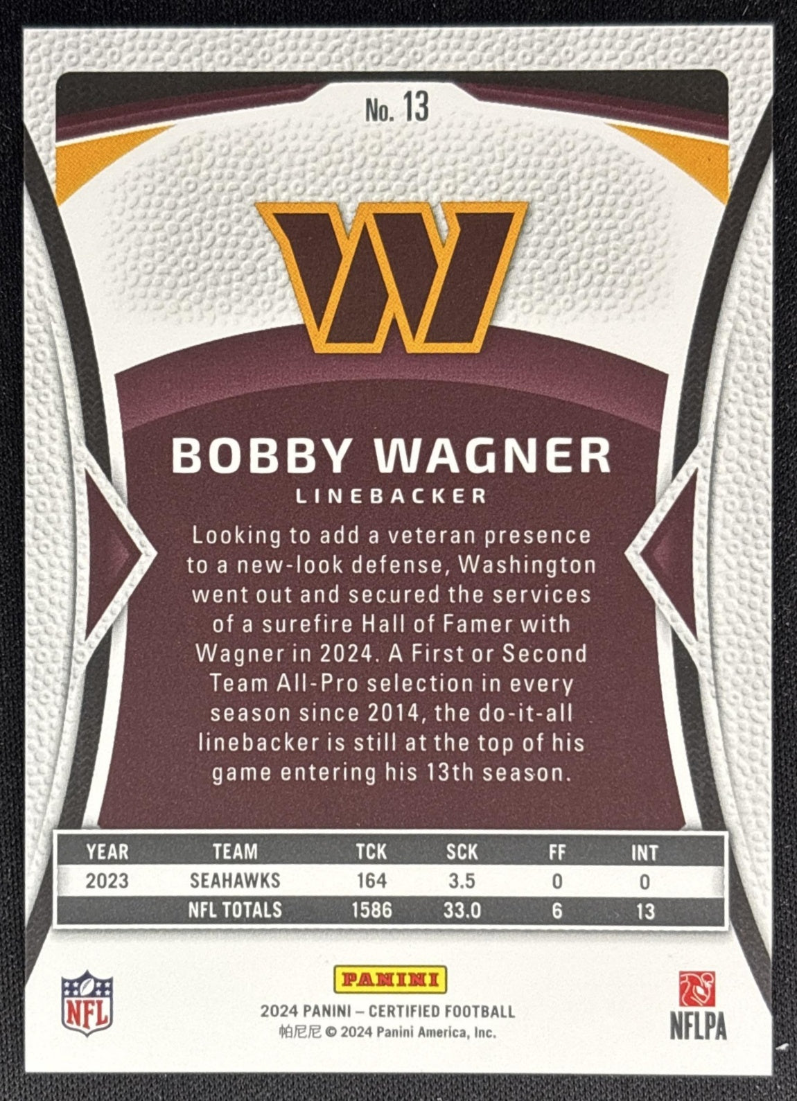 Bobby Wagner 2024 Panini Certified Mirror /349 Commanders back