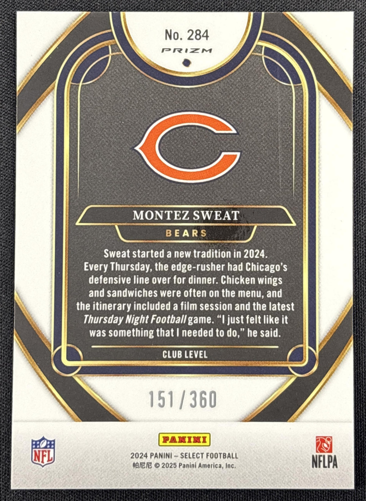 Montez Sweat 2024 Panini Select Club Purple Prizm Shock /360 Bears