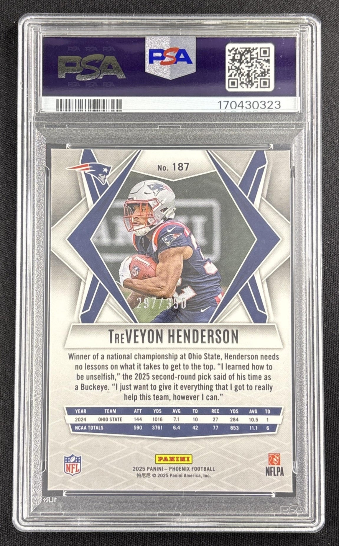 TreVeyon Henderson 2025 Panini Phoenix Fire Burst Prizm /350 PSA 9 Patriots 170430323