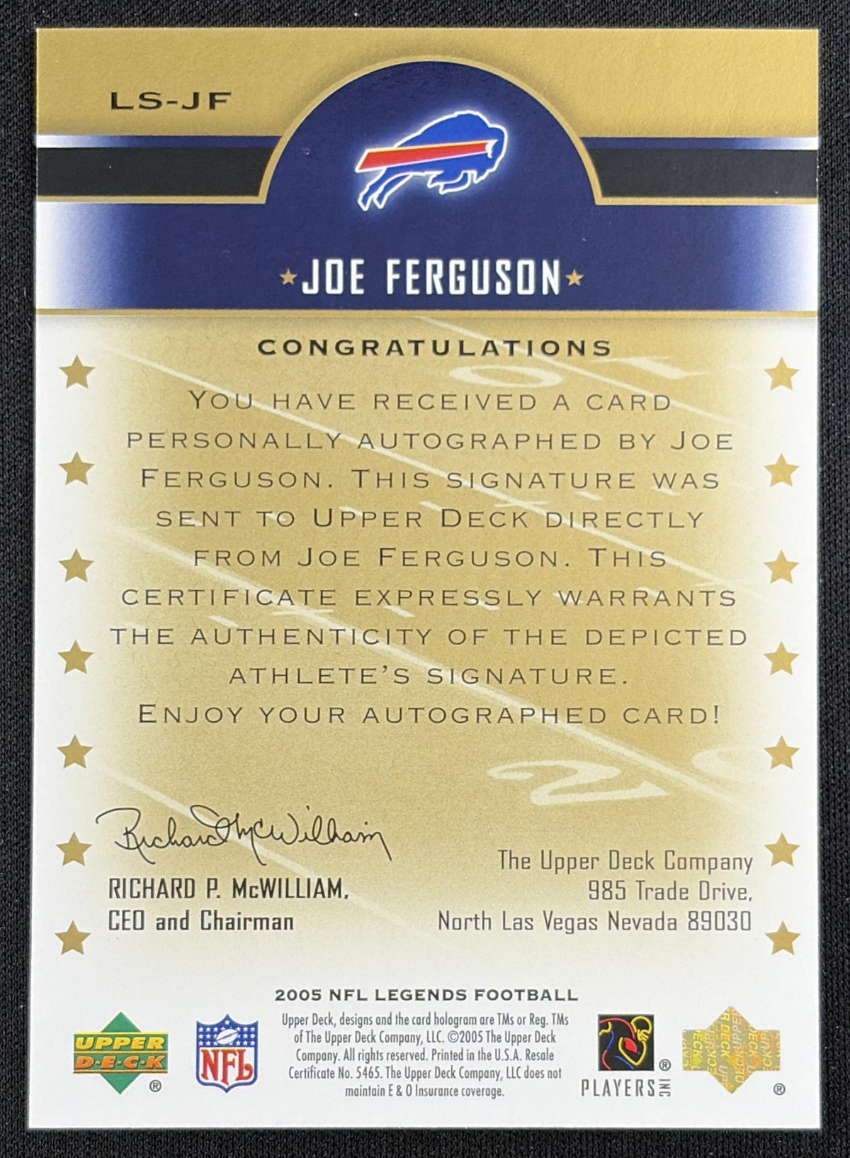 Joe Ferguson 2005 Upper Deck Legends Legendary Signatures Bills Sports Trading Card