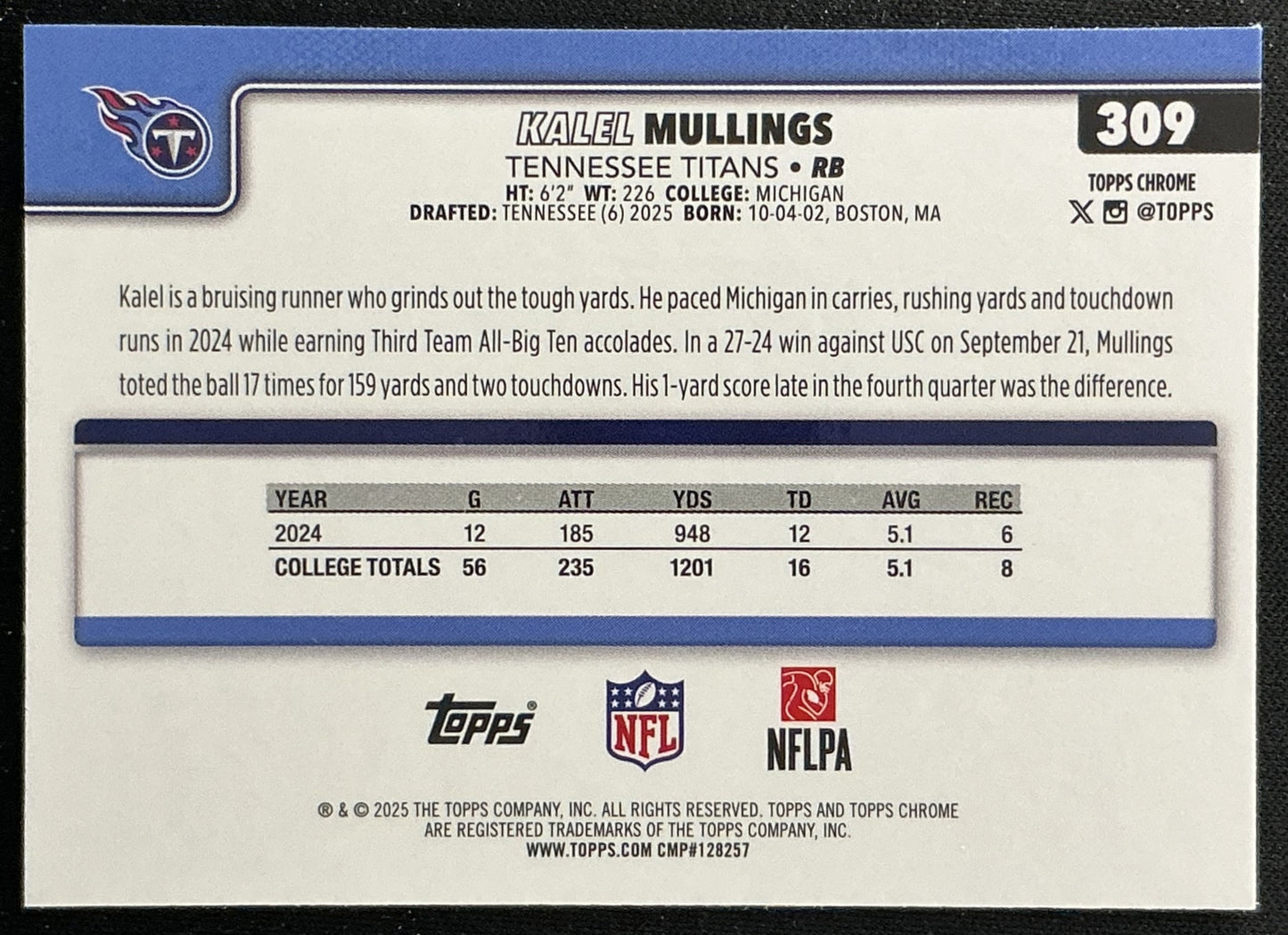 Kalel Mullings 2025 Topps Chrome Rookie Titans Sports Trading Cards