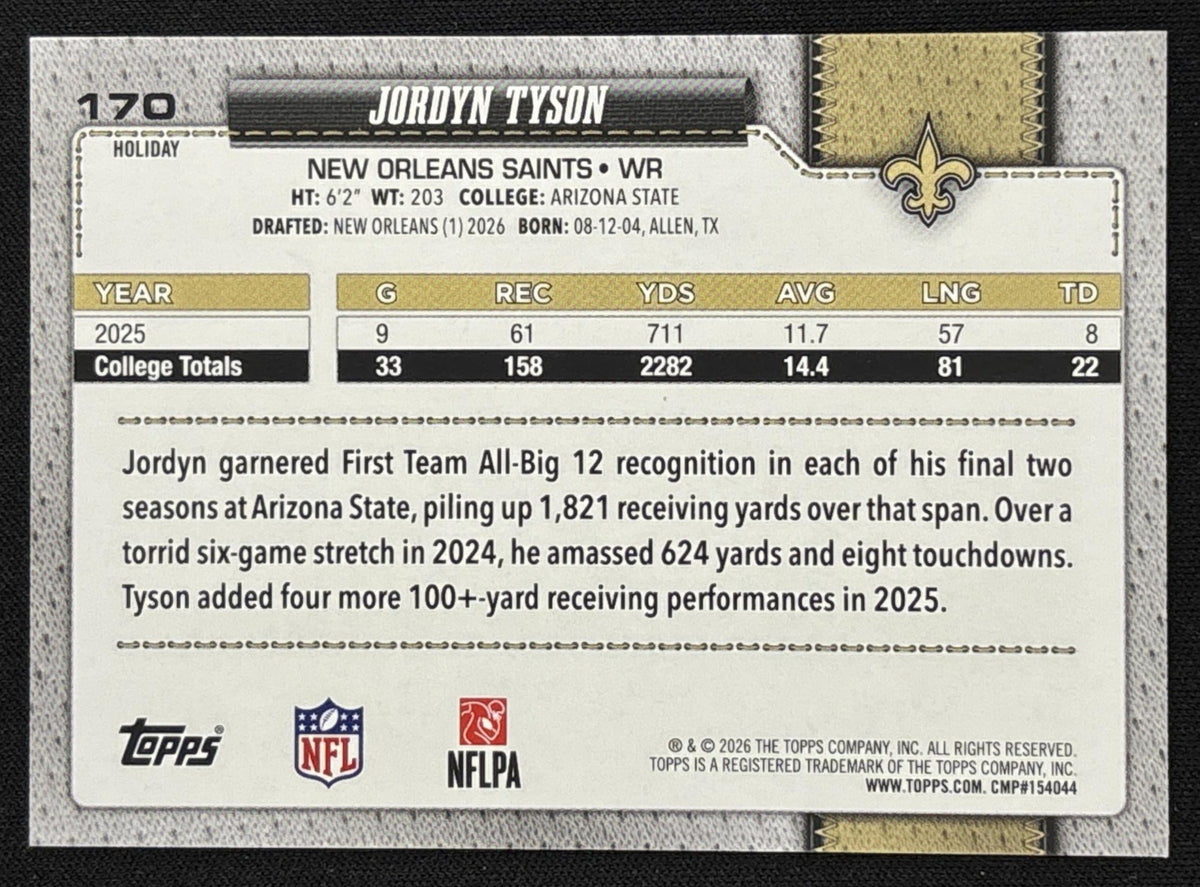 Jordyn Tyson 2026 Topps Holiday Glitter Saints Sports Trading Card