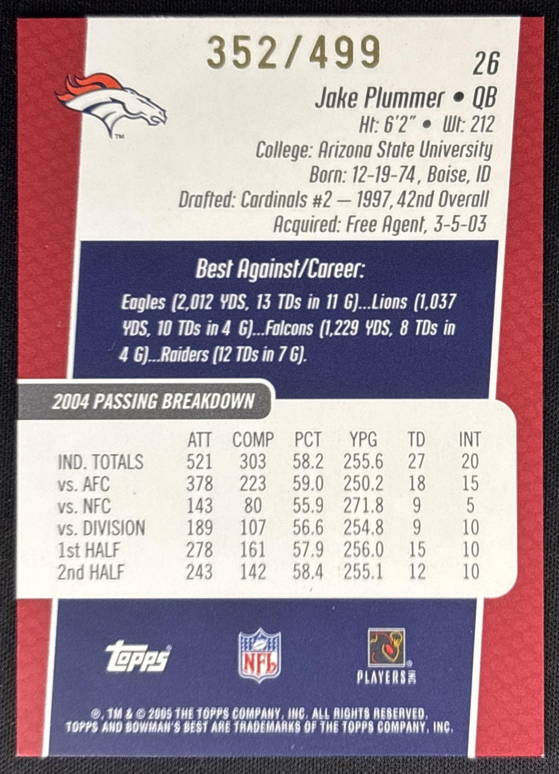 Jake Plummer 2005 Bowman's Best Red /499 Broncos Sports Trading Cards