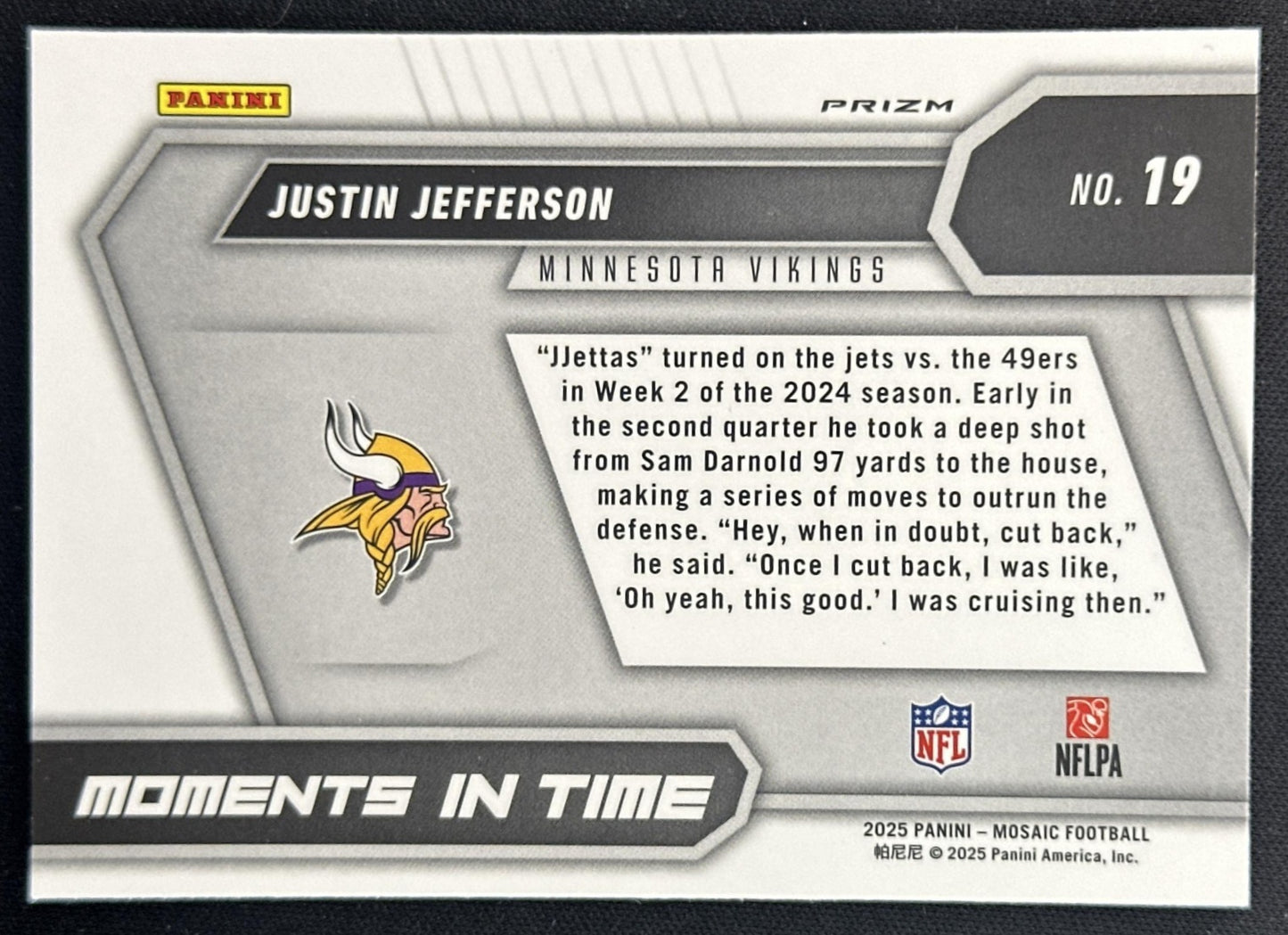 Justin Jefferson 2025 Panini Mosaic No Huddle Moments In Time Vikings Sports Trading Cards