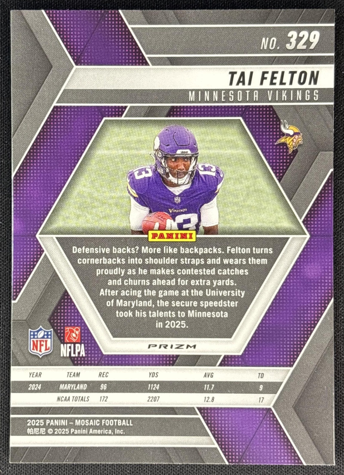 Tai Felton 2025 Panini Mosaic Rookies Purple Scope Prizm Vikings back