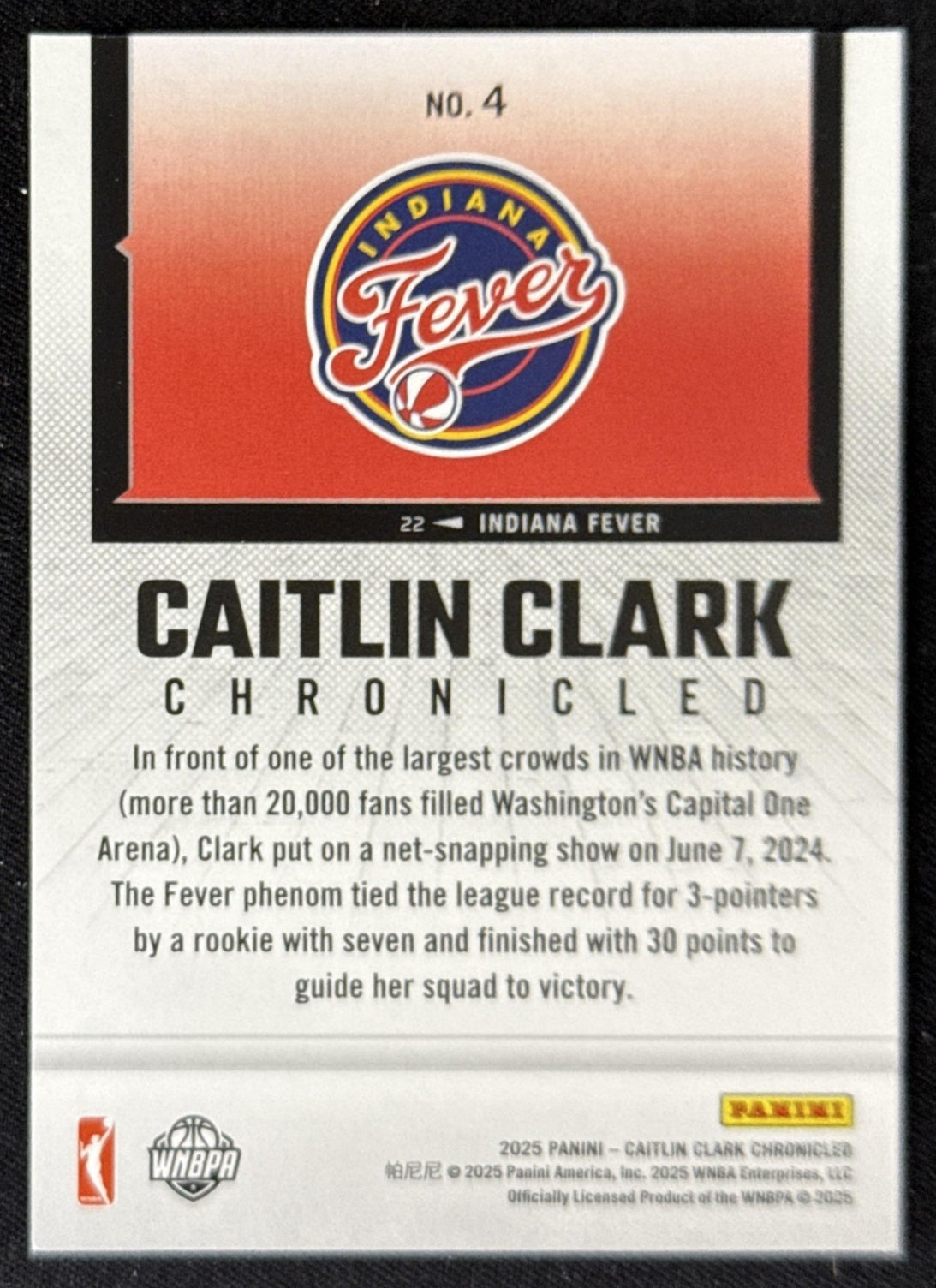 Caitlin Clark 2025 Panini Chronicled WNBA Fever 4 Sports Trading Card