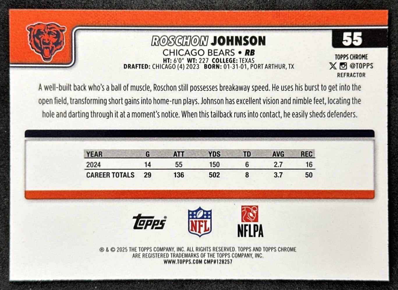 Roschon Johnson 2025 Topps Chrome Refractor Bears