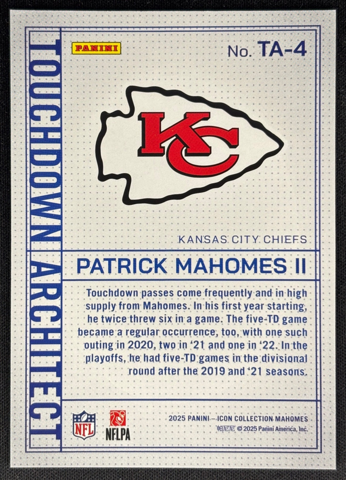 Patrick Mahomes II 2025 Icon Collection Touchdown Architect Chiefs Sports Trading Cards