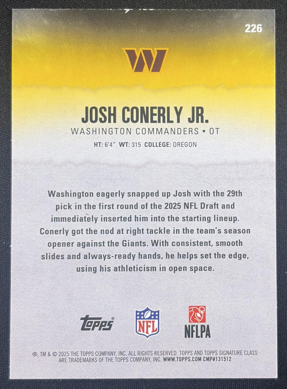 Josh Conerly Jr. 2025 Topps Signature Class Rookie Orange Foil /50 Commanders