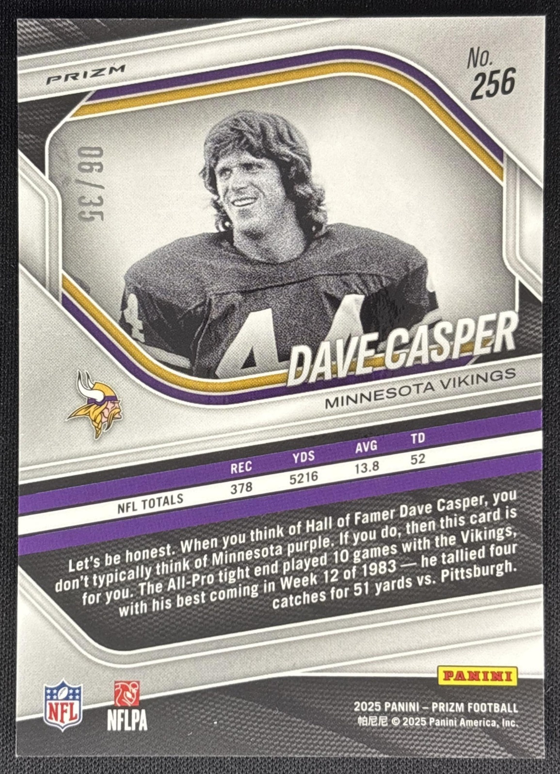 Dave Casper 2025 Panini Prizm White /35 Vikings Sports Trading Cards
