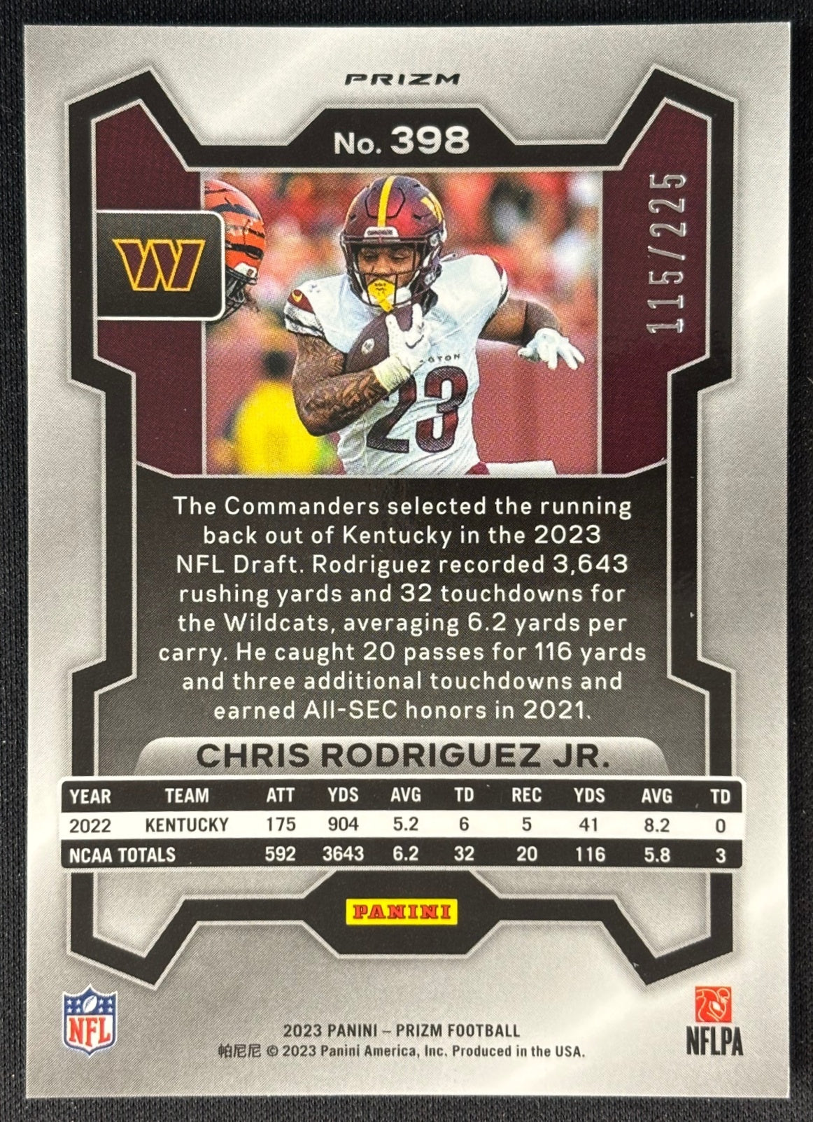 Chris Rodriguez Jr. 2023 Prizm Purple Ice /225 Commanders sports trading card