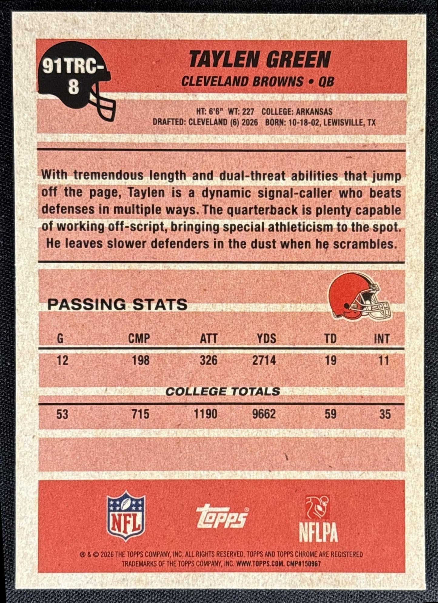 Taylen Green 2026 Topps 1991 Chrome Rookie Mojo Refractor Browns