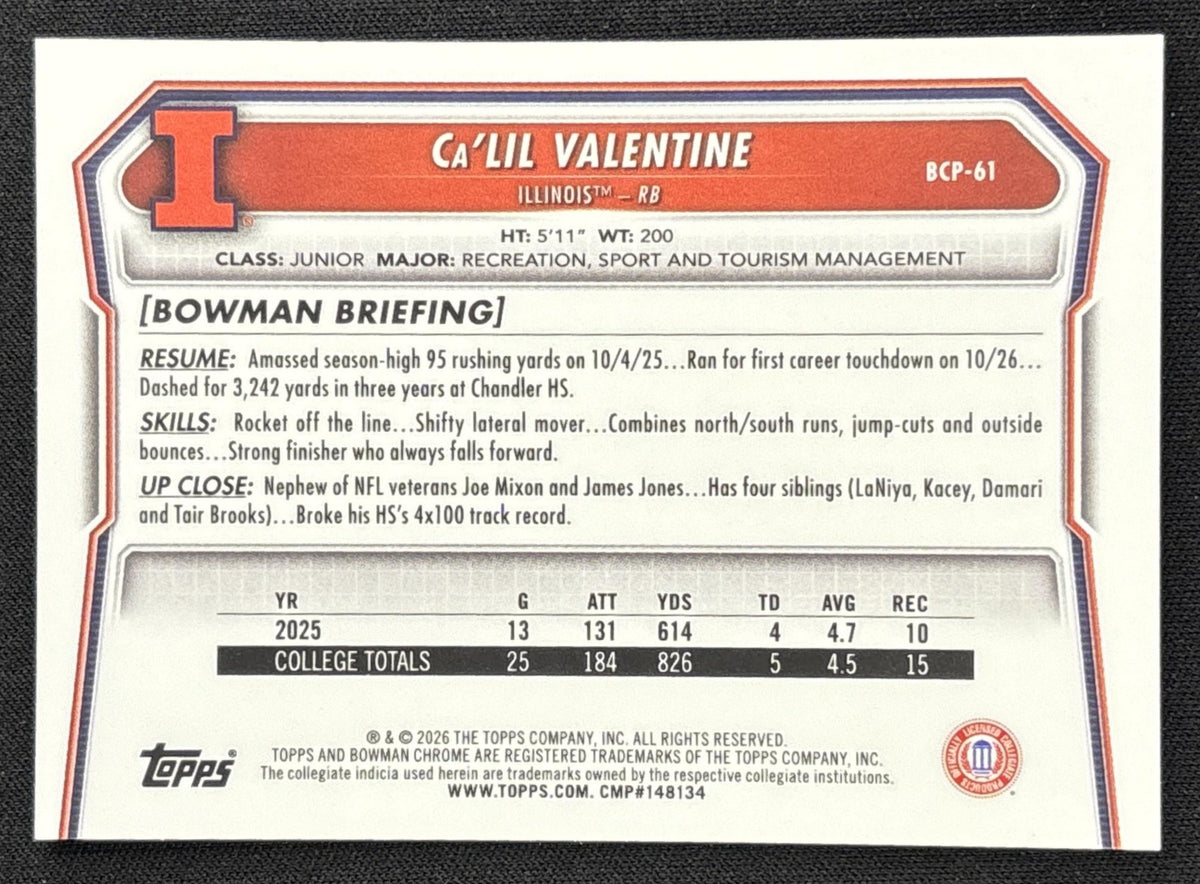 Ca'Lil Valentine 2026 Bowman Chrome Prospects Mojo Refractor Fighting Illini