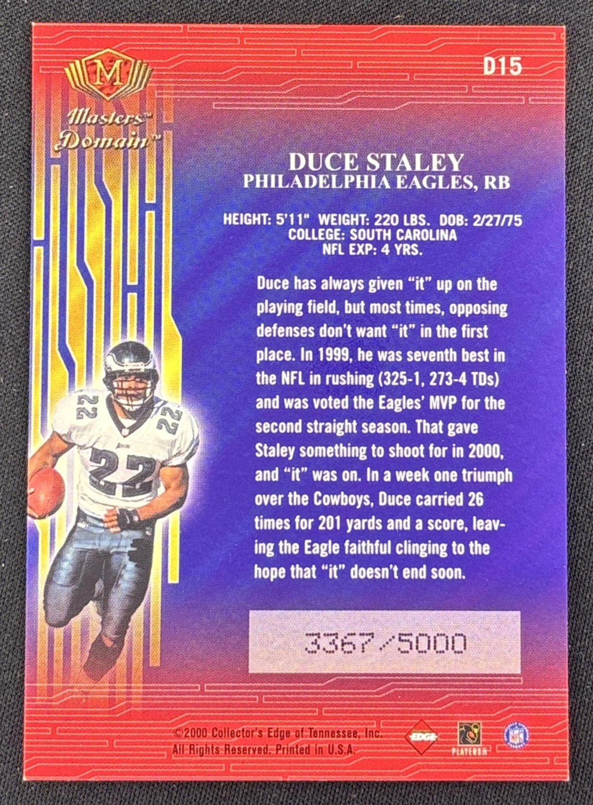 Duce Staley 2000 Collector's Edge Masters Domain /5000 Eagles