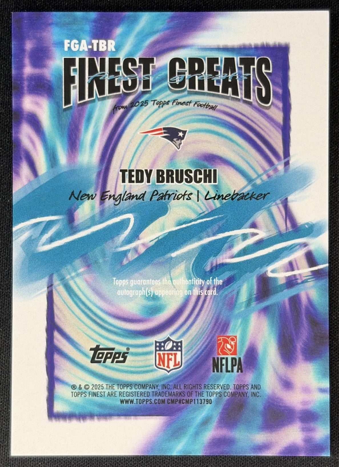Tedy Bruschi 2025 Topps Finest Greats Auto Gold Refractor /50 Patriots back