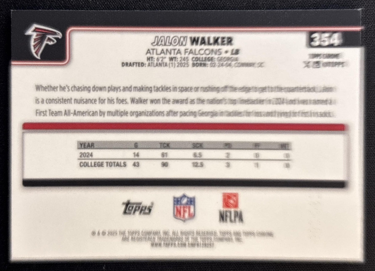 Jalon Walker 2025 Topps Chrome Rookie Teal Wave Refractor /299 Falcons Football