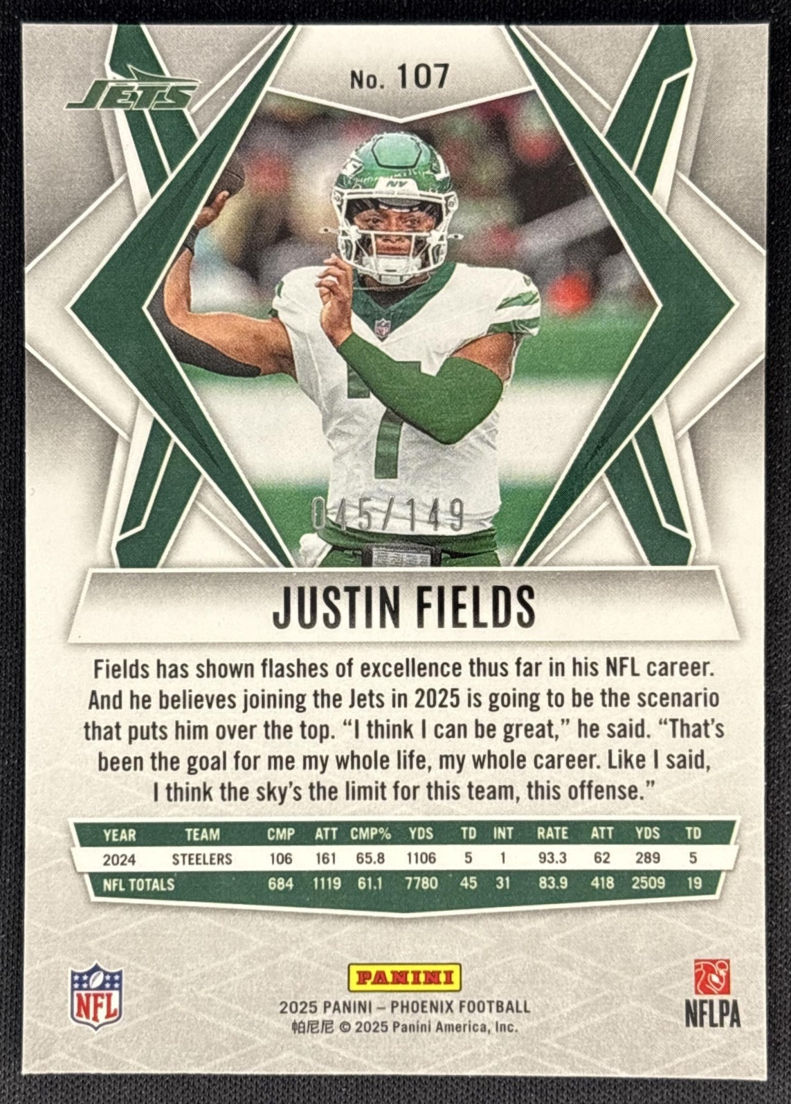 Justin Fields 2025 Panini Phoenix Green Hyper Prizm /149 Jets back