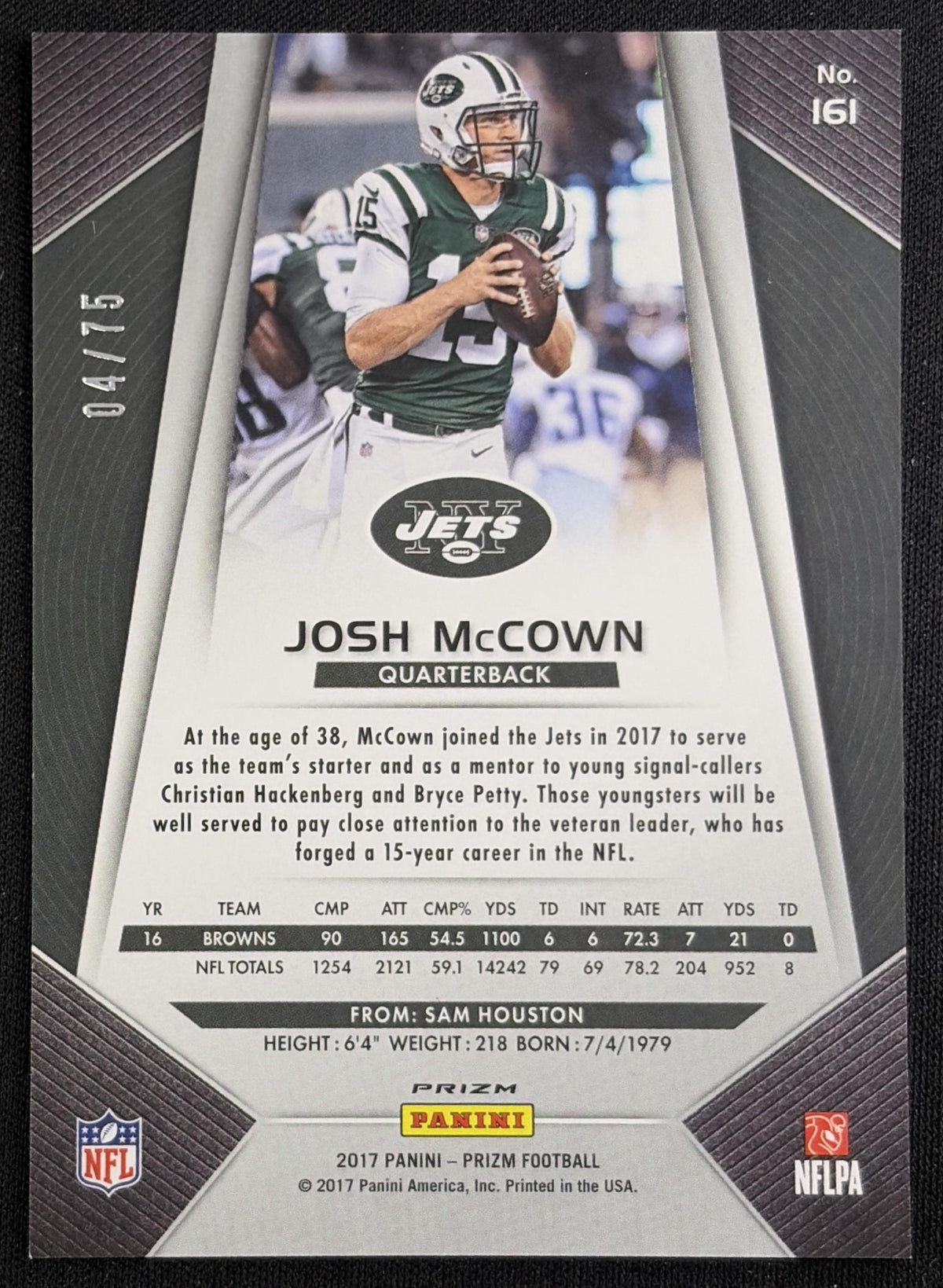 Josh McCown 2017 Panini Prizm Purple Crystals /75 Jets New York Jets Sports Trading Card