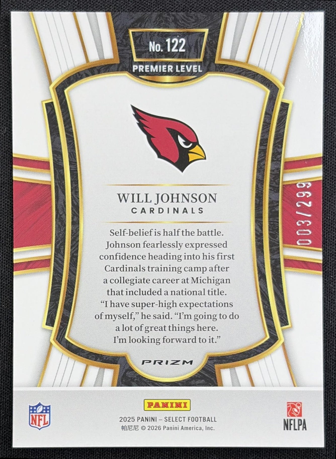 Will Johnson 2025 Panini Select Premier Level Tri-Color Prizm /299 Cardinals