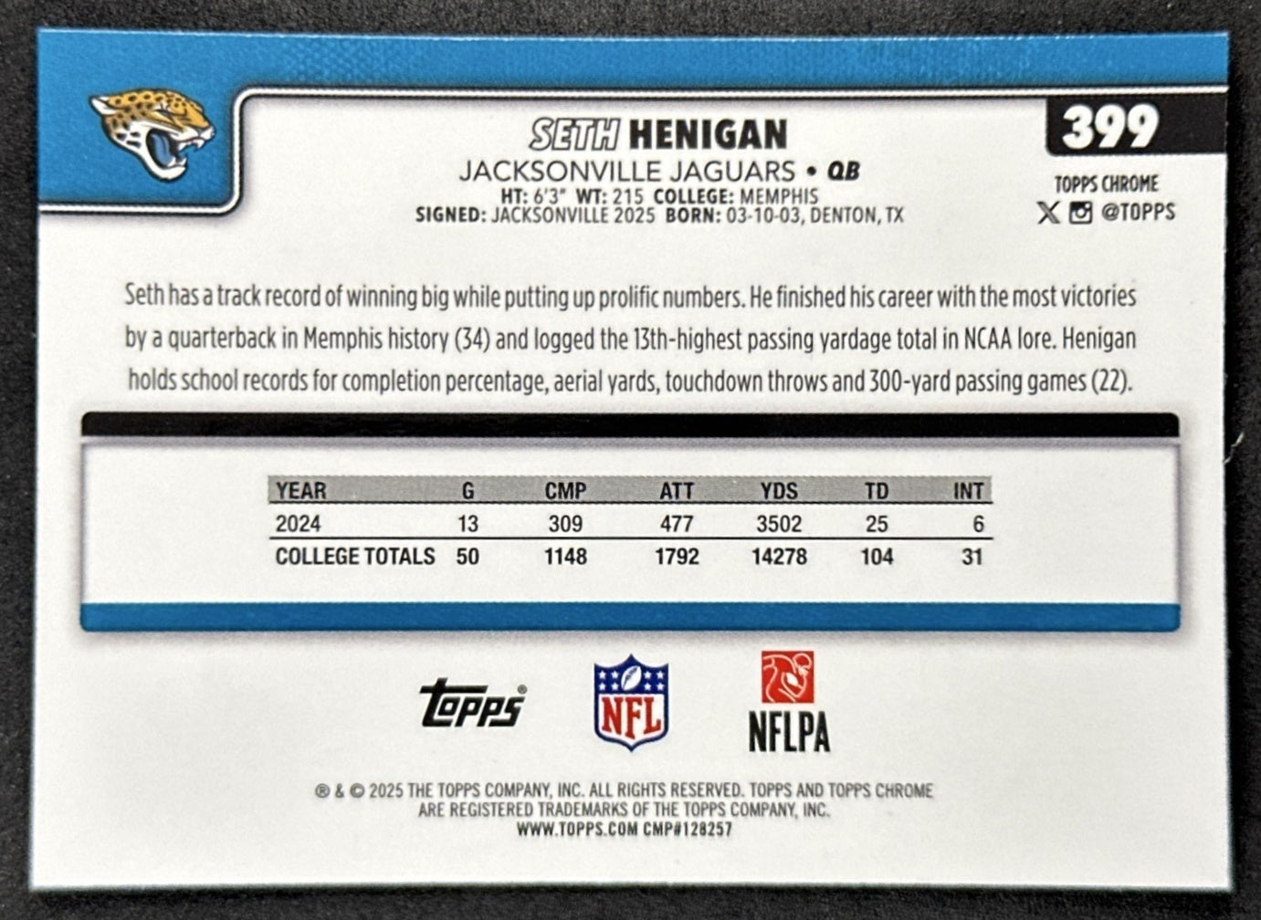 Seth Henigan 2025 Topps Chrome Rookie Pulsar Refractor Jaguars