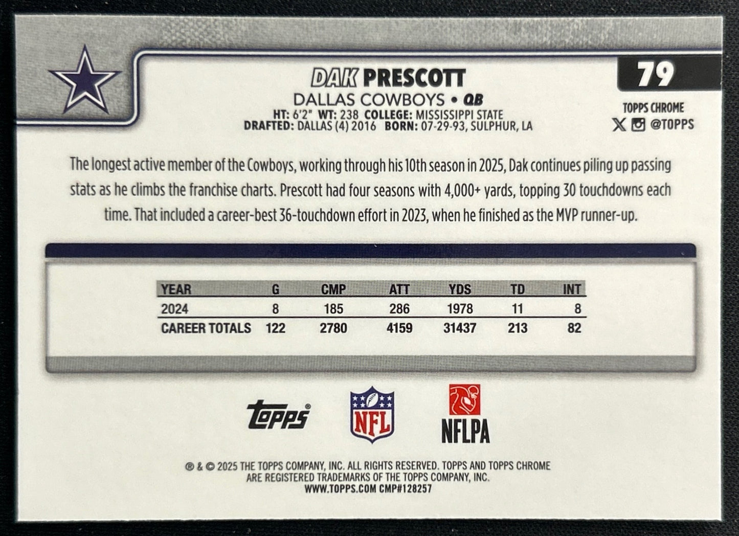 Dak Prescott 2025 Topps Chrome Cowboys Sports Trading Cards
