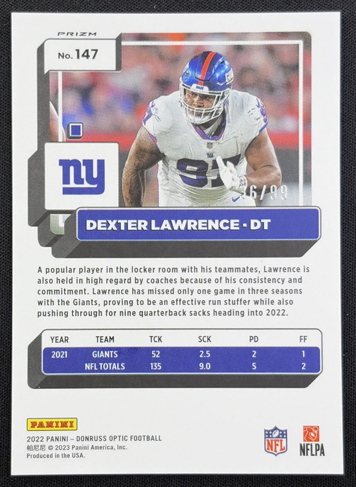 Dexter Lawrence 2022 Panini Donruss Optic Red /99 Giants back