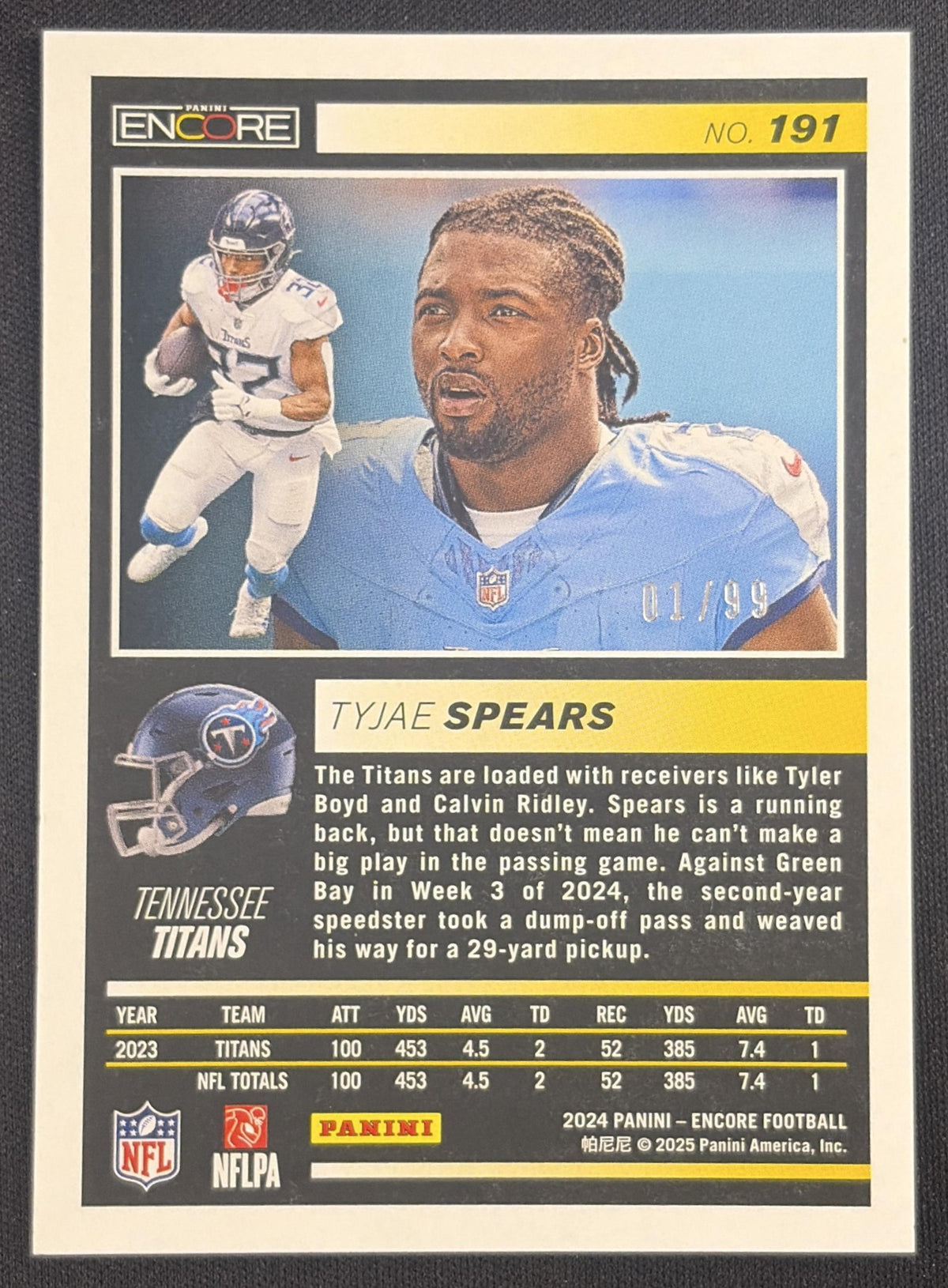 Tyjae Spears 2024 Panini Encore Orange /99 Titans Tennessee Titans