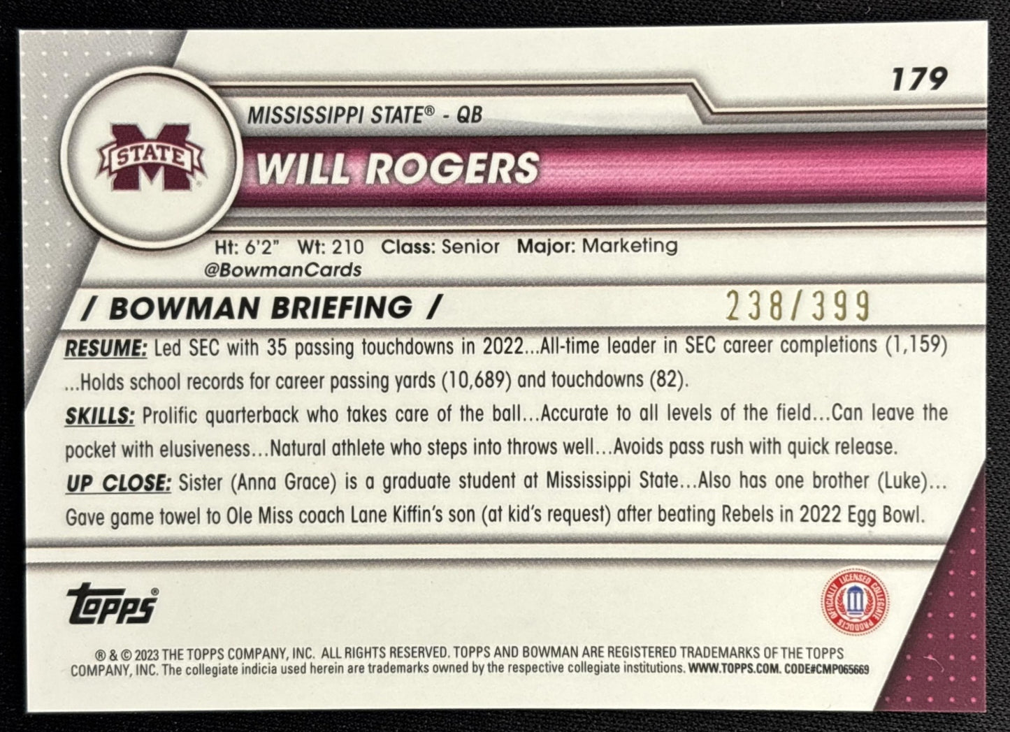 Will Rogers 2023 University Chrome Purple Mini Diamond Refractor /399 Bulldogs back