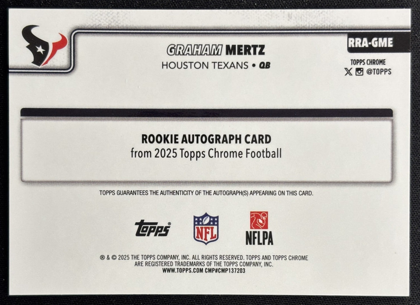 Graham Mertz 2025 Topps Chrome Retail Rookie Auto Gold Wave Refractor /50 Texans Sports Trading Cards