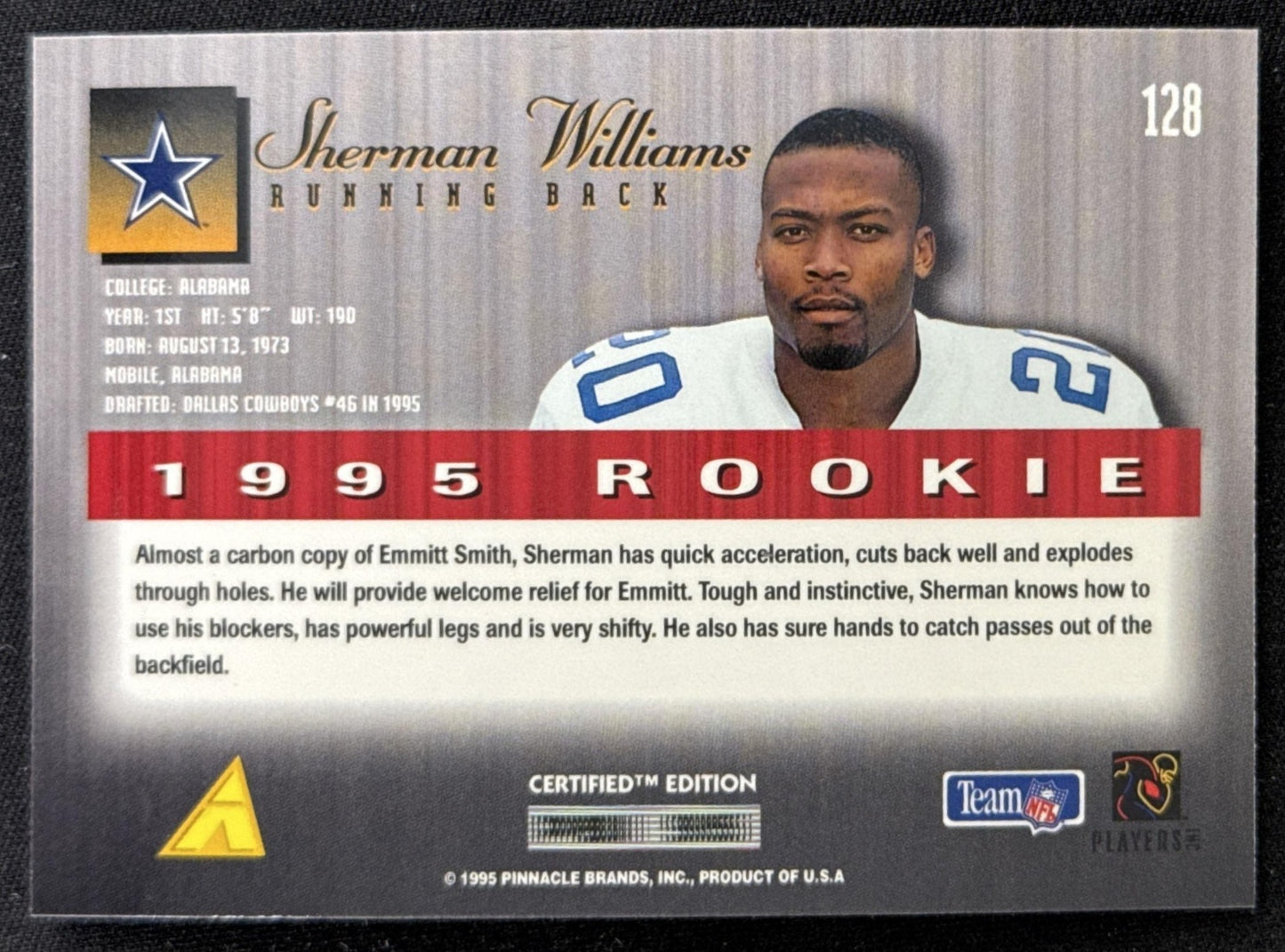 Sherman Williams 1995 Pinnacle Select Certified Cowboys Sports Trading Card